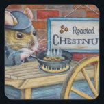 Adesivo Quadrado Dickens Christmas Mouse Roasting Art<br><div class="desc">"Dickens Christmas Mice No. 1 - Roasting the Chestnut" Watercolor Art Square Stickers, do artista Jean Weiner "Dickens Christmas Mice No. 1 - Roasting the Chestnut", apresenta um rato branco a partir do conto clássico A Christmas Carol. Este rato está a assar castanhas no carrinho do vendedor ambulante. Ele está...</div>