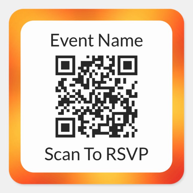 Adesivo Quadrado Digitalize o código QR para RSVP Laranja e Modelo  (Frente)