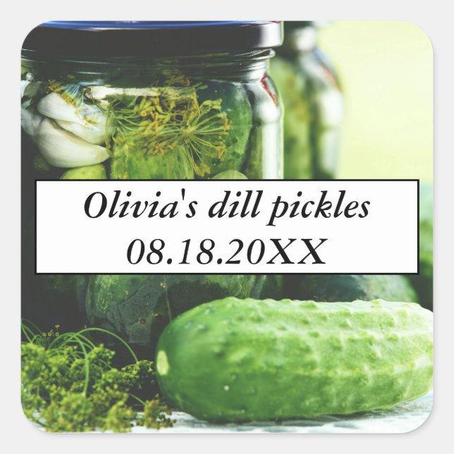 Adesivo Quadrado Dill Pickles Mason Jars Pepinos Comida caseira (Frente)
