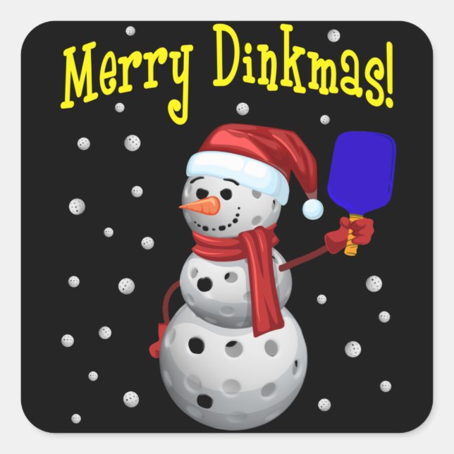 Adesivo Quadrado Dinkmas de feliz - Snowman de Pickleball (Frente)