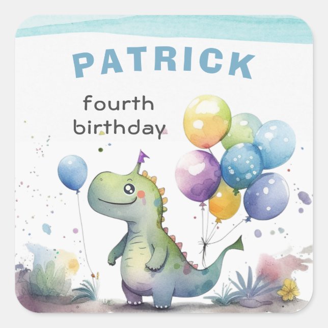 Adesivo Quadrado Dino Party Watercolor Boy Blue Birday (Frente)