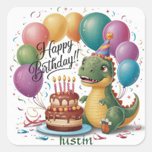 Adesivo Quadrado Dinosaur Feliz Aniversário