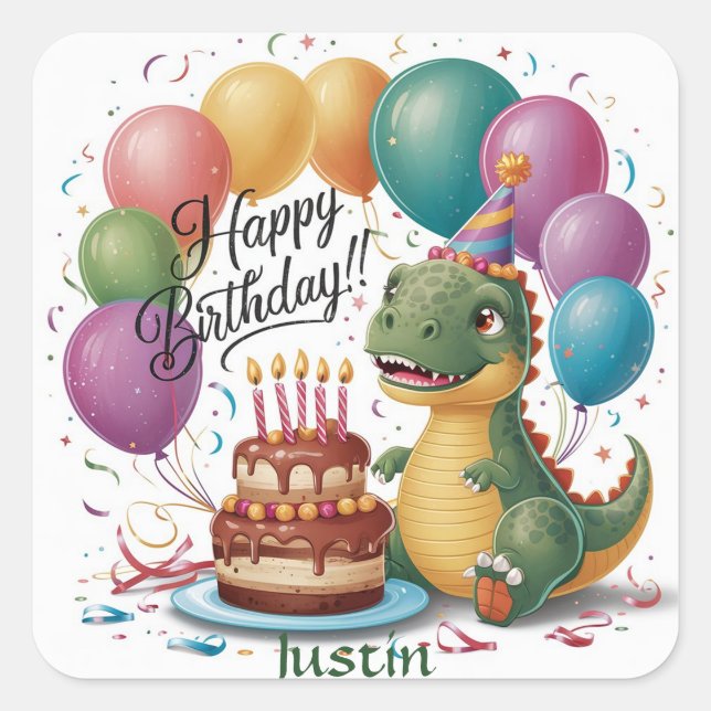 Adesivo Quadrado Dinosaur Feliz Aniversário (Frente)