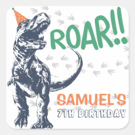 Adesivo Quadrado Dinosaur T-Rex de Chapéu de Festa Aniversário