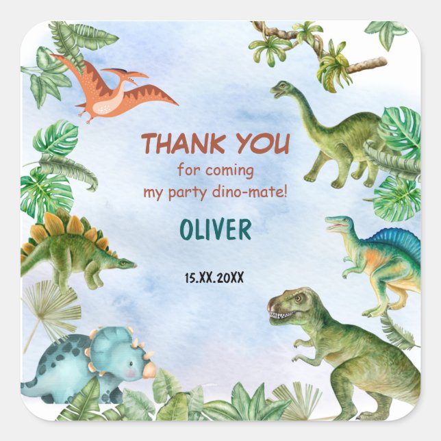 Adesivo Quadrado Dinossaur Dino T-rex Aniversário Presente Obrigado (Frente)