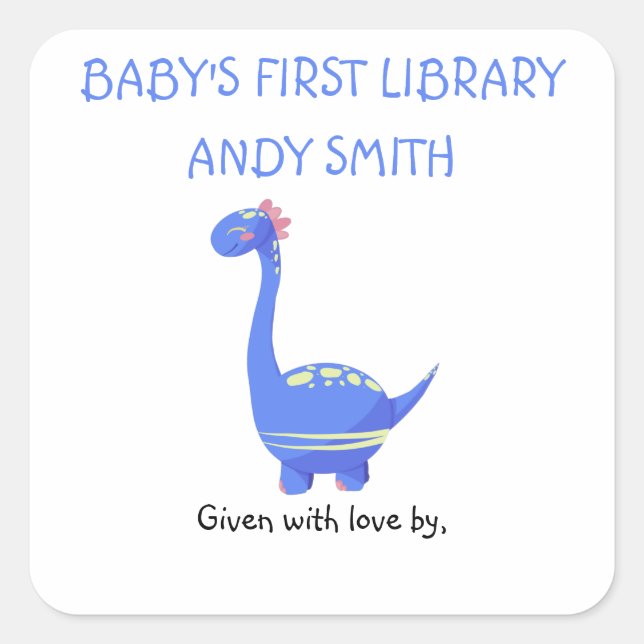Adesivo Quadrado Dinossauro Azul - rótulo de ex-libris (Frente)