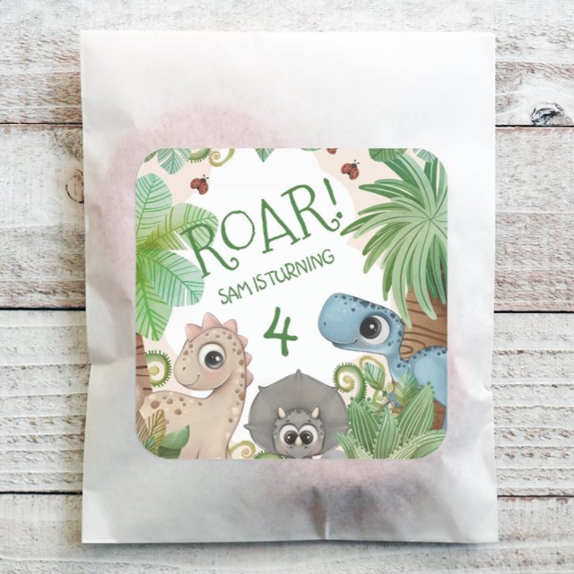 Adesivo Quadrado Dinossauro Crianças 4º Aniversário (Personalized Dinosaur Birthday Party Stickers)