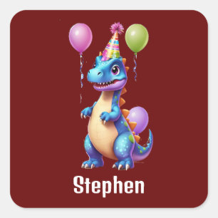 Adesivo Quadrado Dinossauro de aniversário azul bonito