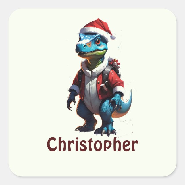 Adesivo Quadrado Dinossauro de Natal Azul (Frente)