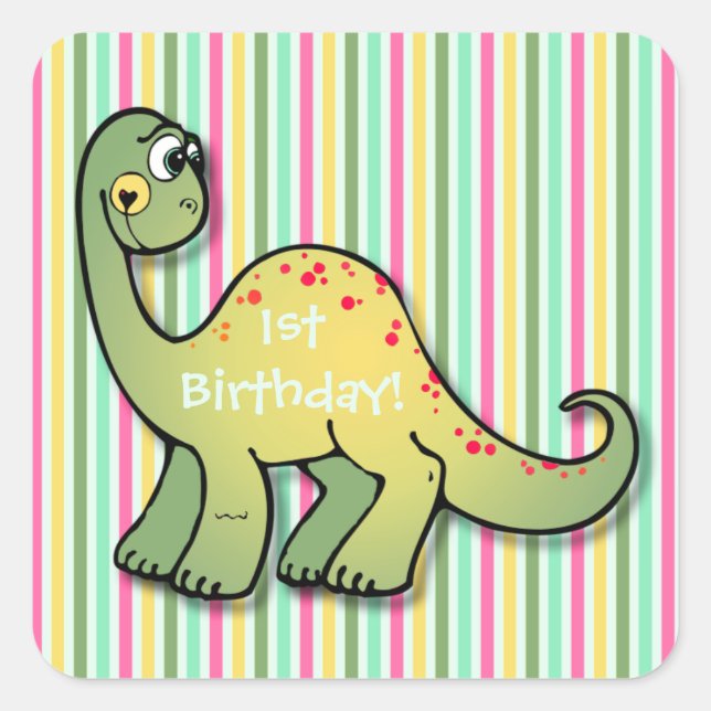 Adesivo Quadrado Dinossauro e Stripes primeiro aniversario 1,5" q.  (Frente)