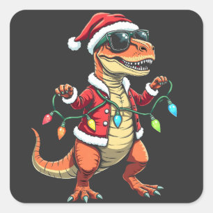 Adesivo Quadrado Dinossauro Envolvido com Luzes de Natal Santa Hat