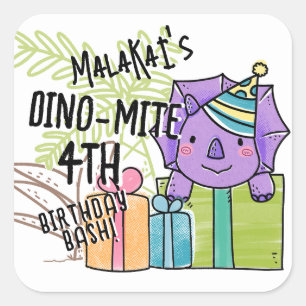 Adesivo Quadrado Dinossauro Festa de aniversário de Dino-Mite Kid