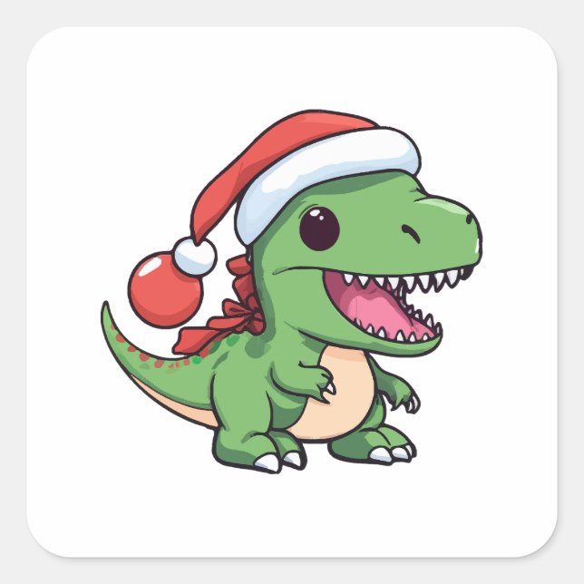 Adesivo Quadrado Dinossauro Kawaii T-Rex no Chapéu de Natal (Frente)