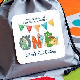 Adesivo Quadrado Dinossauro Primeiro Aniversário Obrigado Pau Quad