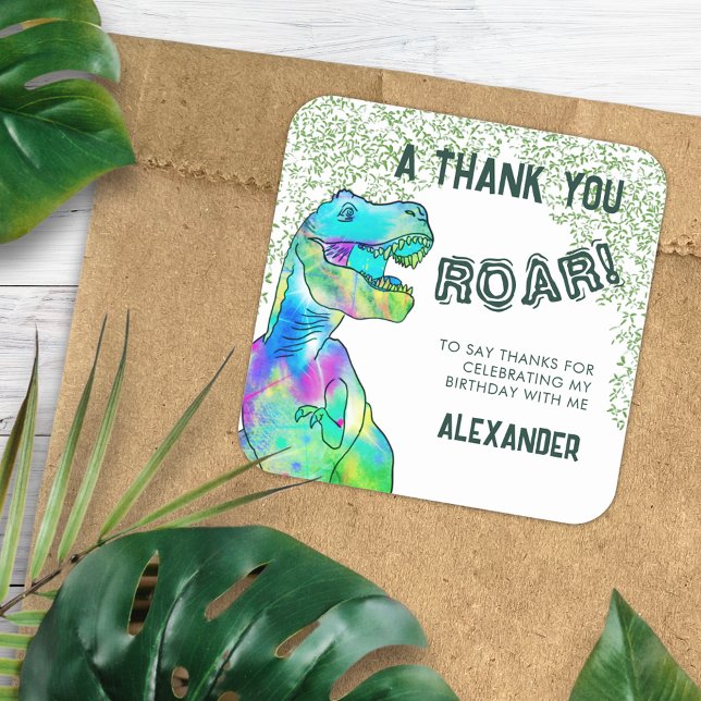 Adesivo Quadrado Dinossauro Roar T-Rex Obrigado Festa de aniversári (T-Rex Dinosaur Roar thank you birthday party favor sticker personalized add name)