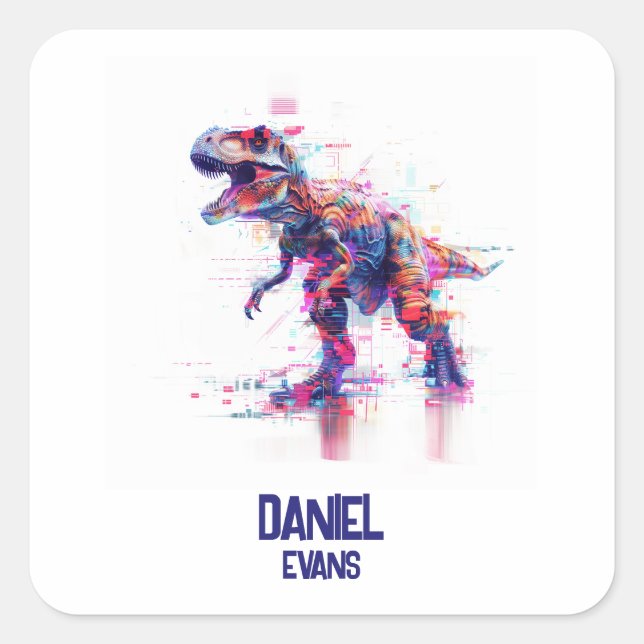 Adesivo Quadrado Dinossauro T-Rex Futurístico Com Nome Para Criança (Frente)