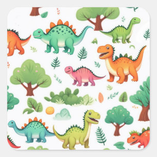 Adesivo Quadrado Dinossauros e padrão de árvores branco
