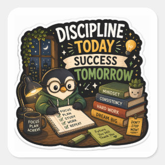 Adesivo Quadrado Discipline Today, Success Tomorrow – Study Penguin