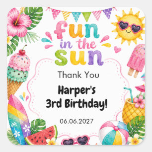 Adesivo Quadrado Diversão ao Sol Aniversário de Verão Tropical