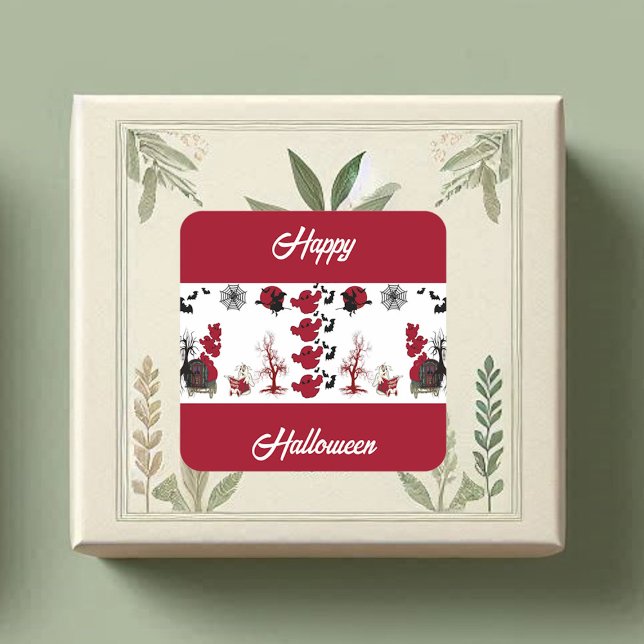 Adesivo Quadrado Diversão assustadora Fantasmas Mortos do Dia das B (Spooky Scary Fun Ghosts Bats Dead Trees Halloween Square Sticker)