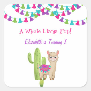 Adesivo Quadrado Diversão Completa de Llama Rosa Roxo Cactus Aniver