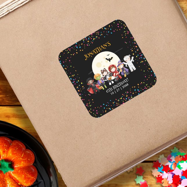 Adesivo Quadrado Diversão das crianças do Halloween Festa de aniver (Fun Halloween Kids Costume Birthday Party Square Sticker)