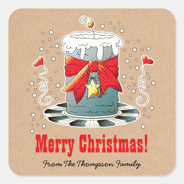 Adesivo Quadrado Diversão do papel Kraft da Vela de Natal (Frente)