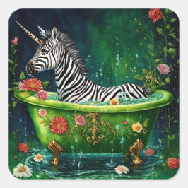 Adesivo Quadrado Diversão do Unicórnio Zebra em uma Banheira