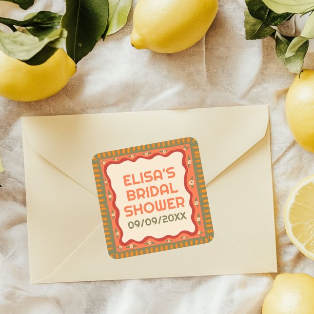 Adesivo Quadrado Diversão Retro Boho Festa de Noiva Feita à Mão PER (Retro Boho Fun Handmade CUSTOM Bridal Shower Square Sticker
)