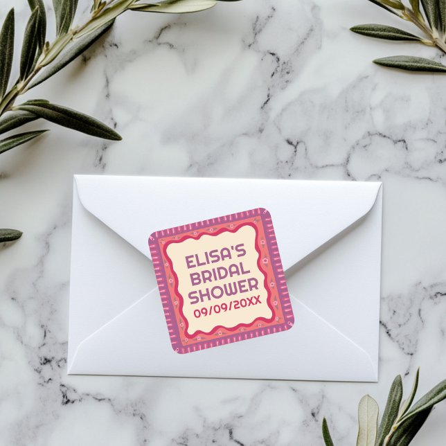 Adesivo Quadrado Diversão Retro Boho Festa de Noiva Personalizada F (Retro Boho Fun Handmade CUSTOM Bridal Shower Square Sticker
)