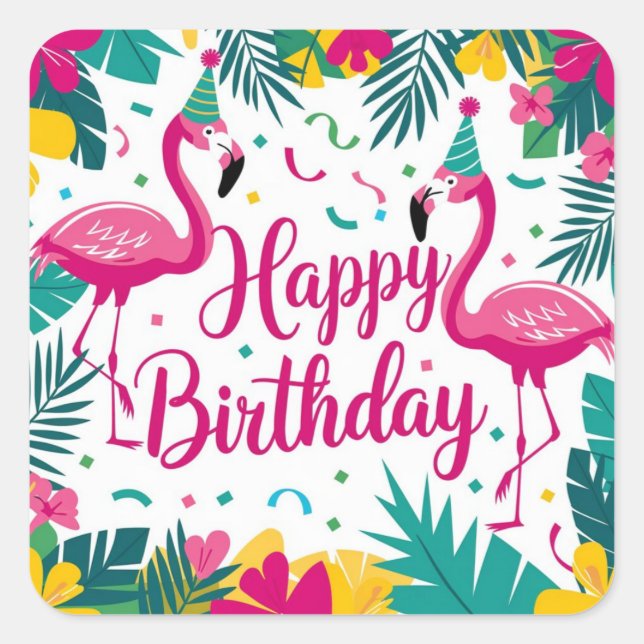 Adesivo Quadrado Diversão Tropical Flamingo Birthday Design (Frente)