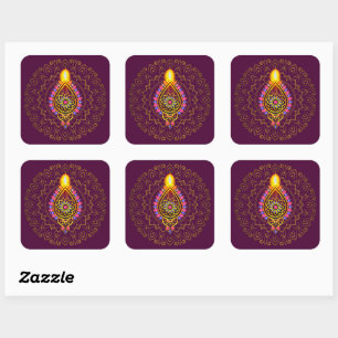 Adesivo Quadrado Diwali Jeweled Diya Candle Design Mandala Purple