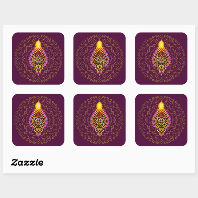 Adesivo Quadrado Diwali Jeweled Diya Candle Design Mandala Purple (Folha)