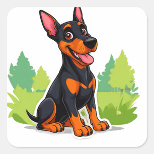 Adesivo Quadrado Doberman Cartoon Alegre Sentado ao Ar Livre