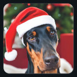 Adesivo Quadrado Doberman Christmas<br><div class="desc">Doberman bonito vestindo um chapéu de Papai Noel.</div>