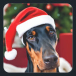 Adesivo Quadrado Doberman Christmas<br><div class="desc">Doberman bonito vestindo um chapéu de Papai Noel.</div>