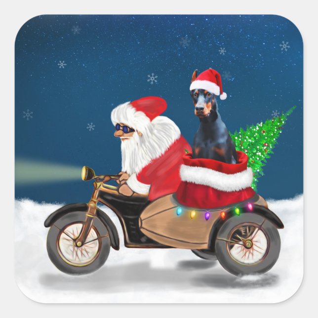 Adesivo Quadrado Doberman Dog Christmas Papai Noel (Frente)