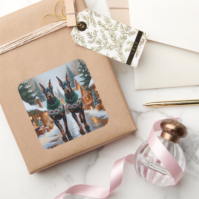 Adesivo Quadrado Doberman Dogs Christmas Snow Holiday  (Presentear)