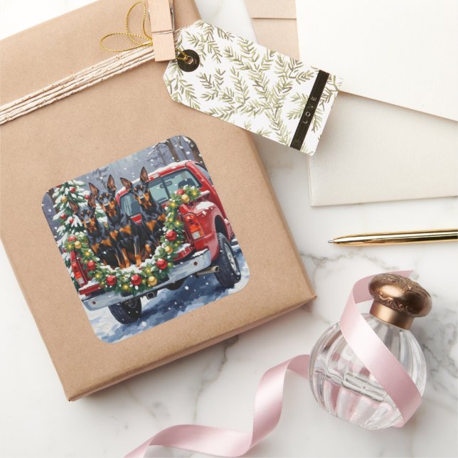 Adesivo Quadrado Doberman Pinscher Christmas Red Truck Holiday (Presentear)