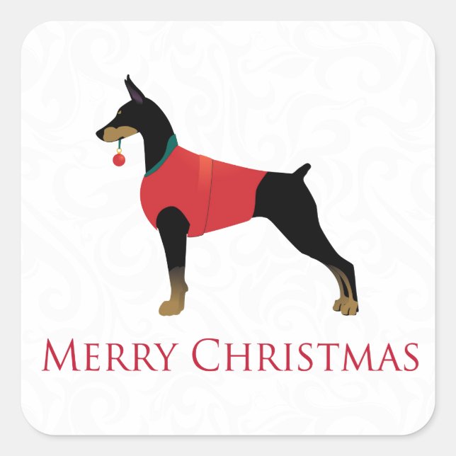Adesivo Quadrado Doberman Pinscher Dog Feliz Design de Natal (Frente)