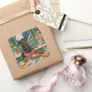 Adesivo Quadrado Doberman Pinscher Holiday Baking Festivo Natal