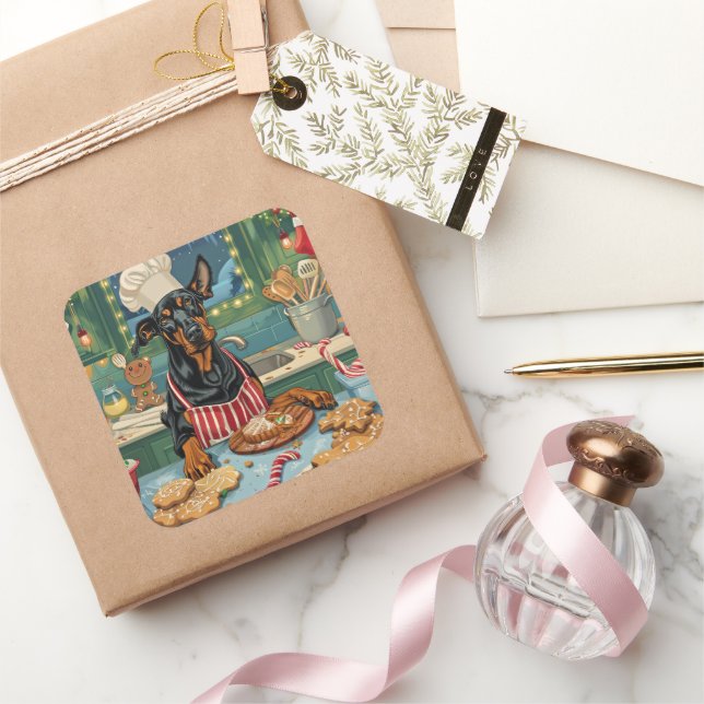 Adesivo Quadrado Doberman Pinscher Holiday Baking Festivo Natal (Presentear)
