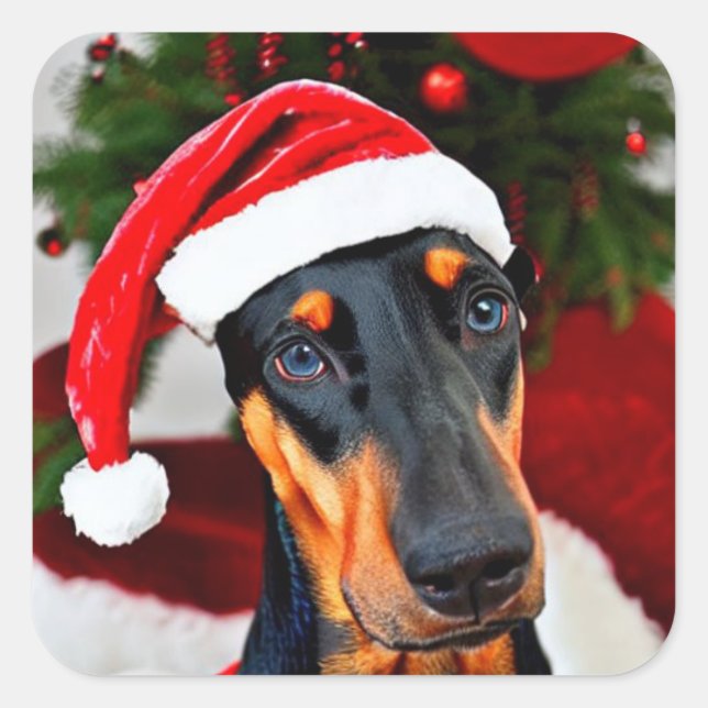 Adesivo Quadrado Doberman Santa Hat (Frente)