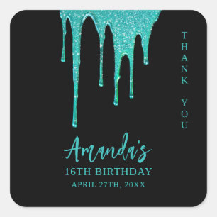 Adesivo Quadrado Doce 16 Aniversário com Glitter Teal Moderno