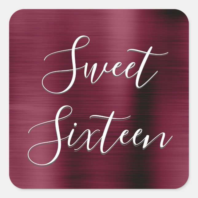 Adesivo Quadrado Doce 16 Birthday Burgundy Metálico Puro Moderno (Frente)
