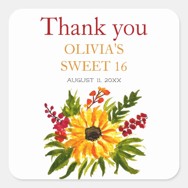 Adesivo Quadrado Doce 16 Dezesseis Festas de aniversário de Girasso (Frente)