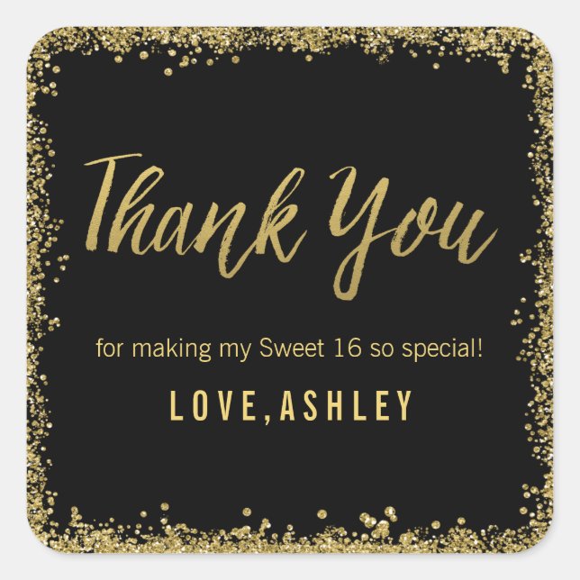 Adesivo Quadrado Doce 16 Pretos Favoritos de Aniversário da Glitter (Frente)