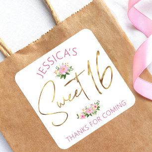 Adesivo Quadrado Doce 16 Rosa Bege Floral Dourado Script