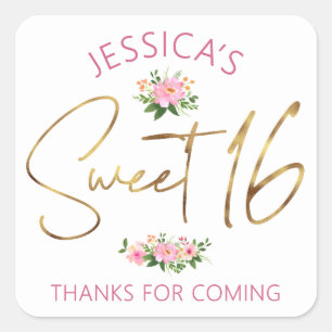 Adesivo Quadrado Doce 16 Rosa Bege Floral Dourado Script