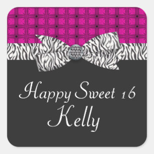 Adesivo Quadrado Doce aniversário cor-de-rosa & cinzento de 16 da